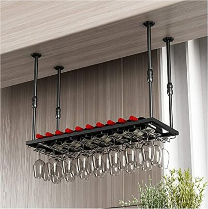 EMISOO Wine Rack Wall Mounted - Wall Mounted Iron Wine Rack, Adjustable Height, Ceiling Mounted Hanging Wine Bottle Holder, Champagne Glass Rack,