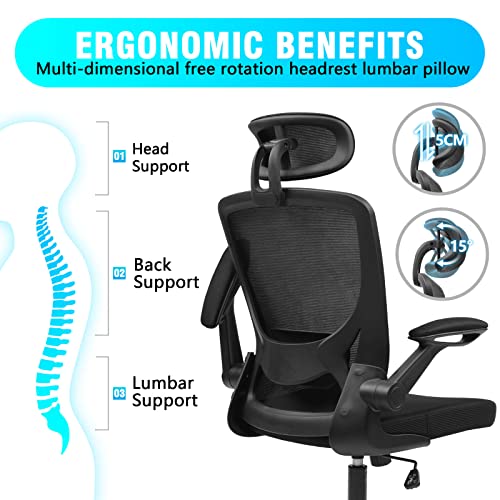 KERDOM Ergonomic Office Chair, Breathable Mesh Desk Chair, Lumbar Support Computer Chair with Headrest and Flip-up Arms, Swivel Task Chair, Adjus