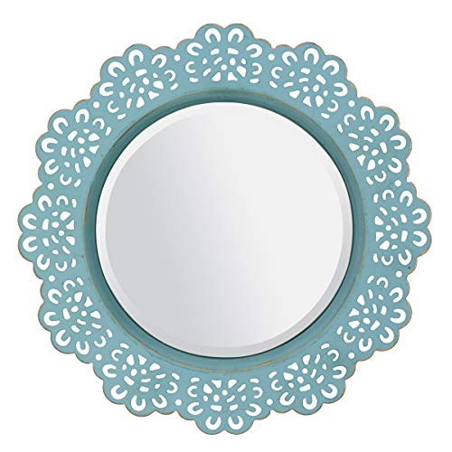 Stonebriar Decorative Round Metal Lace Wall Mirror with Attached Hanger, Turquoise