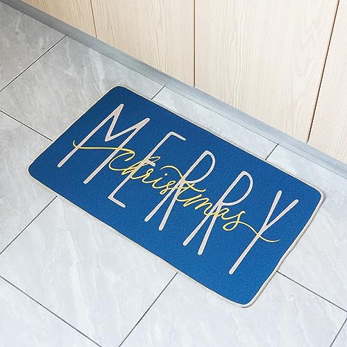 ONWAY Merry Christmas Doormat, Blue Gold Winter Seasonal Door Mat Christmas Holiday Low-Profile Floor Rug Switch Mat for Indoor Outdoor 17.5 x 29