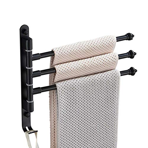 MOVKZACV Bathroom Swing Towel Bars,Stainless Steel Swivel Towel Rail Wall Mounted Swivel Towel Rack Holder with Hooks,Matte Black(3 Rods)