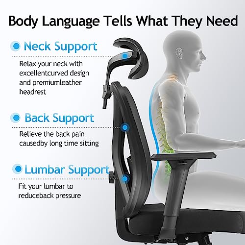 KERDOM Office Desk Chair, Ergonomic Swivel Chair with Adjustable Headrest and Lumbar Support,High Back Mesh Computer Chair with 130° rocking Lock