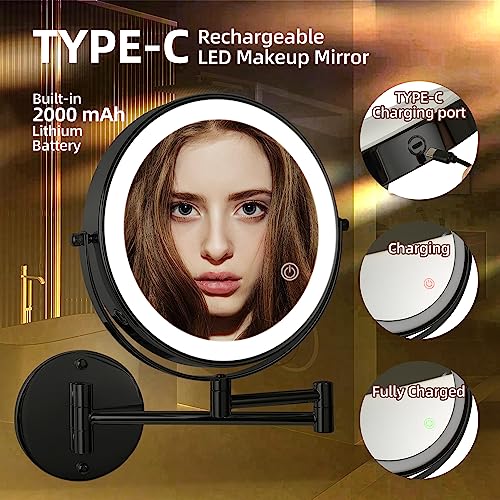 SLIMOON 8" Wall Mounted Lighted Makeup Mirror with Magnification, 1X/10X Magnifying Mirror with Light, 3 Color LED Dimmable 2000mAh Rechargeable