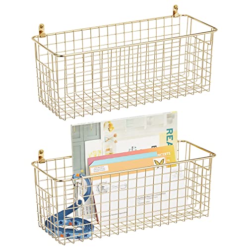 mDesign Set of 2 Hanging Storage Baskets – Wall-Mounted Metal Wire Basket – Multi-Purpose Organiser Tray for Household Items – Black
