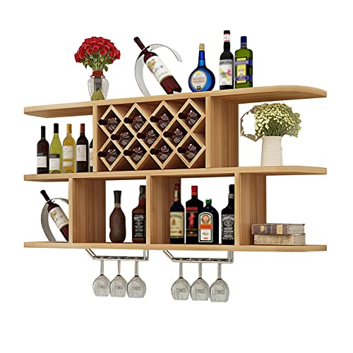 EYLINK Wall Mounted Wine Rack, Industrial Vintage Hanging Wine Shelf, Solid Wood Wine Rack with Stemware Glasses Holder, Multipurpose Storage Dis