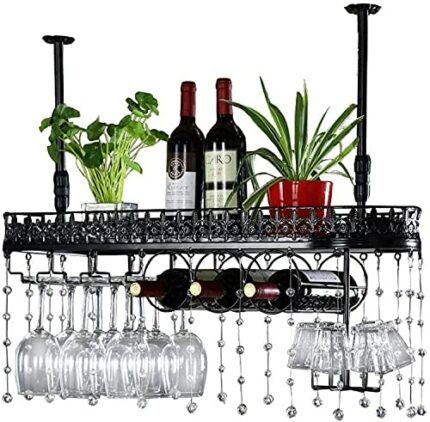 SUCHETA Hanging Wine Rack with Glass Holder and Shelf, European Style Iron Hanging Wine Glass Rack，Wine Glass Racks Stemware Holder, Wine Rack Ce