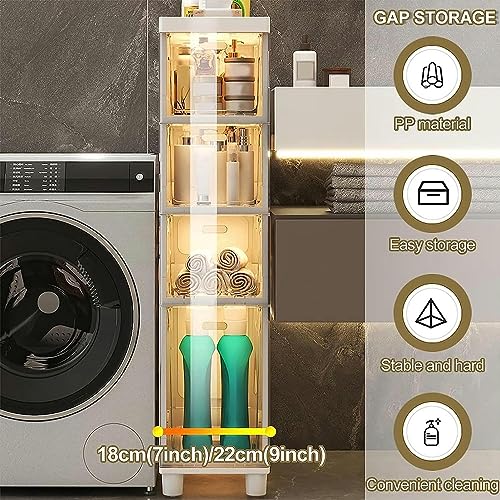 OPSREY Slim Bathroom Cabinet Storage, Large Capacity Slim Toilet Paper Storage Cabinet with Clear Plastic Drawers Casters Narrow Tall Slim Floor