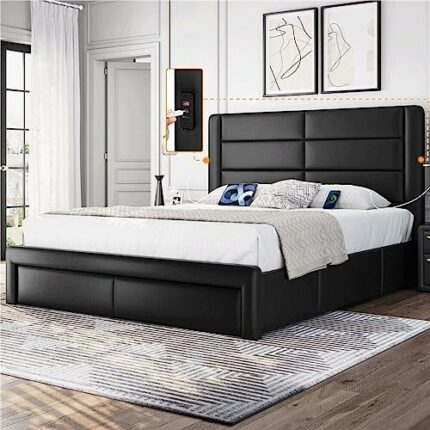 WALNUT Queen Upholstered Bed Frame with 3 Storage Drawers and Built-In USB