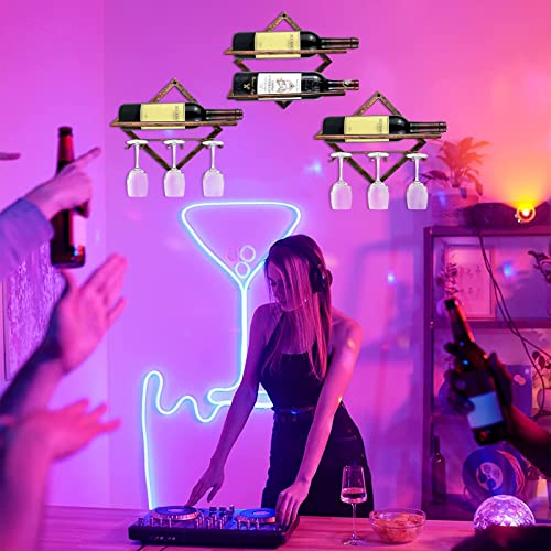 MERYSAN 2Pcs Metal Wall Mounted Wine Holder, Vintage Copper Hanging Wall Wine Rack Storage for 3 Liquor Bottles 3 Glass, Red Wine Bottle Display