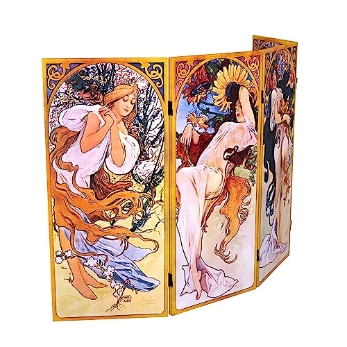 Red Lantern 3 ft. Short Double Sided Four Seasons Canvas Folding Screen 4 Panel Freestanding Partition and Separator for Modern and Contemporary