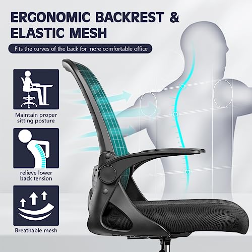 KERDOM Ergonomic Office Chair, Desk chair with Flip-up Armrests and Lumbar Support, Height Adjustable Computer Swivel Chair with Footrest Ring Su