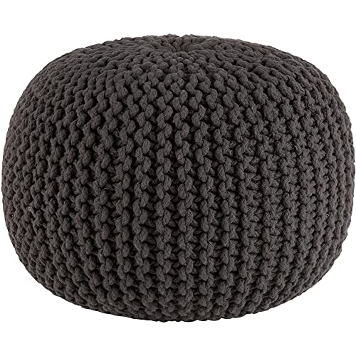 SweetNeedle - Hand Knitted Twisted Cable Style Round Dori Pouf, Floor Ottoman, Grey, Cotton Braid Cord - Handmade & Hand Stitched - Comfortable S