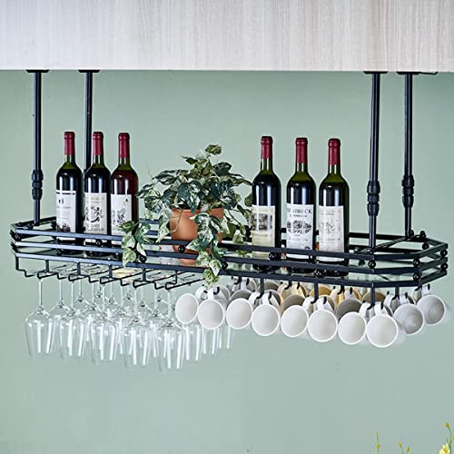 EMISOO Ceiling Wine Glass Rack, Hanging Wine Glass Rack, Ceiling Mount Metal Wine Glass Holder with Display Shelf,Height Adjustable Hanging Wine