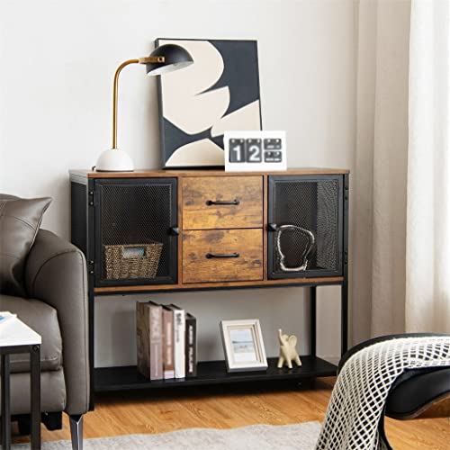 DSHGDJF Industrial Buffet Sideboard Kitchen Cabinet With Metal Mesh Doors And 2 Drawers