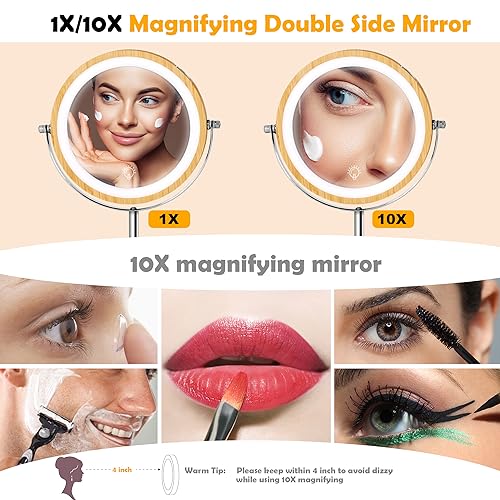 SLIMOON 8" Lighted Makeup Mirror with Bamboo Stand, 1X/10X Double Sided Magnifying Mirror with Light, 3 Colors Brightness Adjustable, 360° Cordle