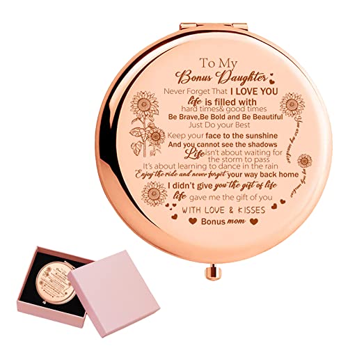 ORIGACH Bonus Daughter Gifts - To My Bonus Daughter Rose Gold Magnifying Makeup Compact Mirror with Gift Box, 1X/2X Magnification - Birthday Gift