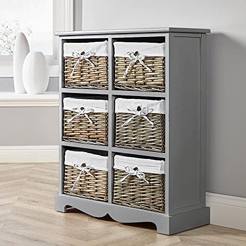 Home Source Wooden Storage Unit 4 Drawer Chest Water Hyacinth Basket, Grey