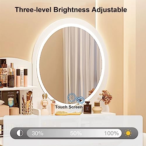HAWEWE Vanity Desk With LED Lighted Mirror & Stool 31.4inch Vanity Table With Drawers 3 Lighting Brightness Adjustable Dressing Table For Bedroom