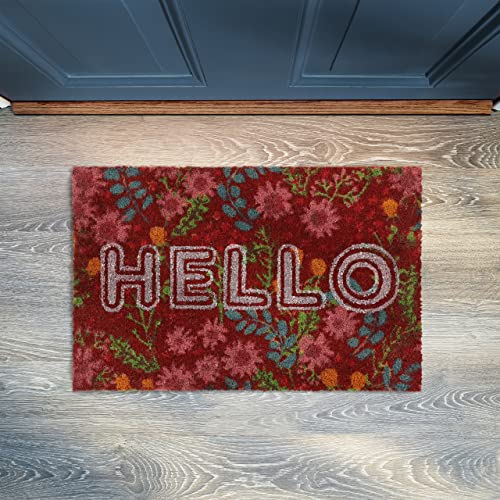 Relaxdays Doormat Coir HELLO Flowers, 40 x 60 cm, Door Mat Inside & Outside, Non-Slip Wiper, Rectangular, Colourful