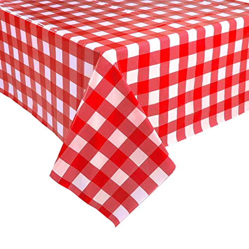 Kesfey 8 Pack Red Gingham Plastic Tablecloths 137x274cm, Disposable Checkered Rectangle Tablecloth, Waterproof and Spillproof Table Covers for Pa