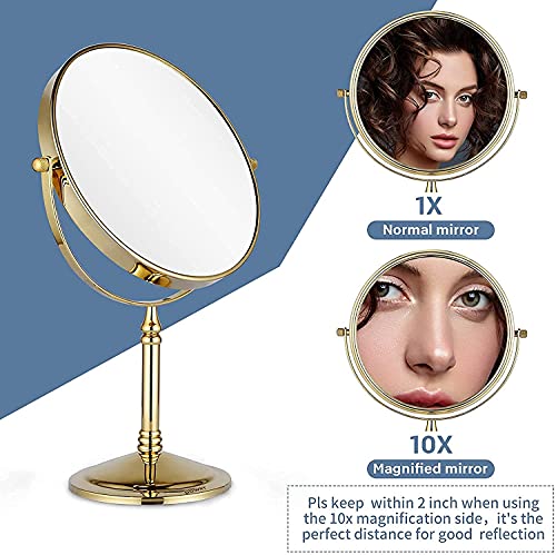 DOWRY 1x/10x Magnifying Mirror on Stand - Gold Table Mirror - Shaving Mirrors Free Standing - Bathroom Makeup Mirror on Stand - 360 ° Rotatable D