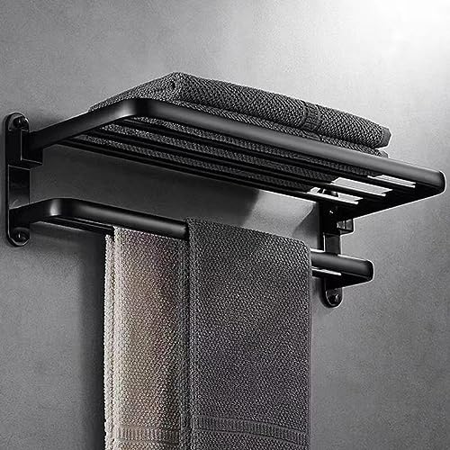 BYONGCHO Towel Rack for Bathroom and Lavatory, Towel Holder 24 inches Towel Shelf Wall Mount with Two Towel Bars Foldable Towel Holder, Bathroom
