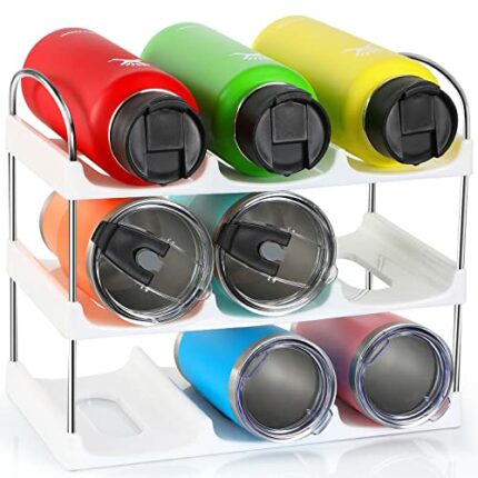 [ Large Compartment ] 3 Tier Stackable Water Bottle Organizer for Cabinet - 9 Bottle Holder Rack for Tumblers, Cups, Wine Bottles - Home Storage,