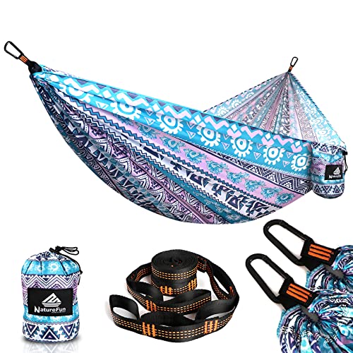 NATUREFUN Ultra-Light Travel Camping Hammock | 300kg Load Capacity,(300 x 200 cm) Breathable,Quick-drying Parachute Nylon | 2 x Premium Carabiner