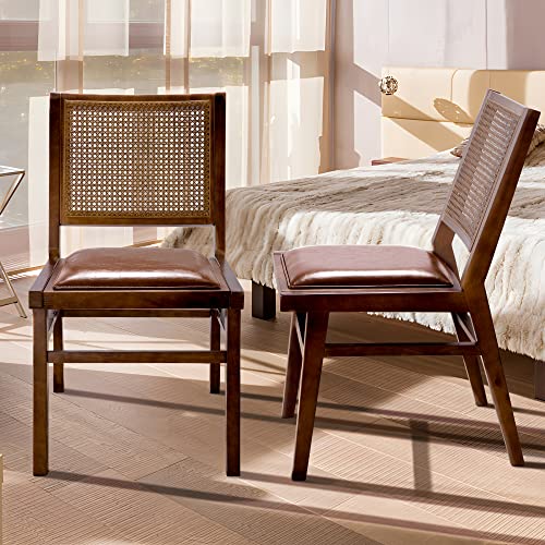 MeetLeisure Armless Mid-Century Wooden Chair Teak Color Set of 2 - Wooden Chair with Hand-Woven Rattan Backrest, Suitable for Living Room & Kitch