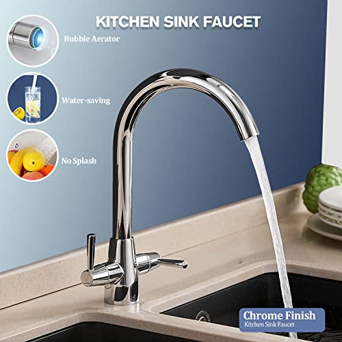Kitchen Tap Mixer for Kitchen Sink Monobloc Tap Dual Lever 360 Swivel Chrome Kitchen Sink Taps UK Standard 1 Hole Deck Mount with 20 Inch Flexi T