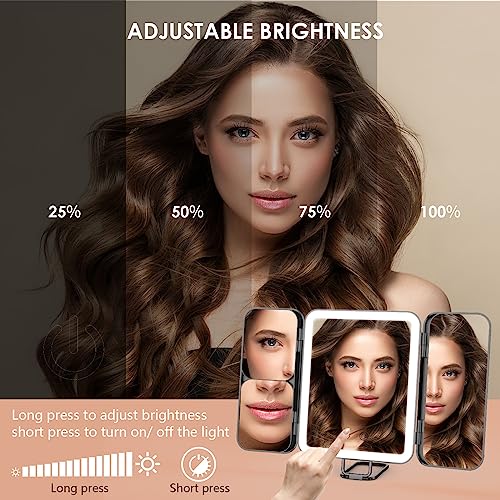 Kostlich Travel Trifold Vanity Mirror with 3 Color Lights, Rechargeable 1X/3X/7X Magnifying Mirror, Portable Light Up Makeup Mirror