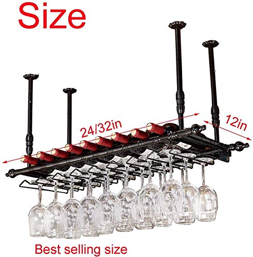 SUCHETA Hanging Wine Rack with Glass Holder and Shelf, Adjustable Height Wine Rack Ceiling Hanging Wine Glass Holder Vintage Wine Bottle Holder R