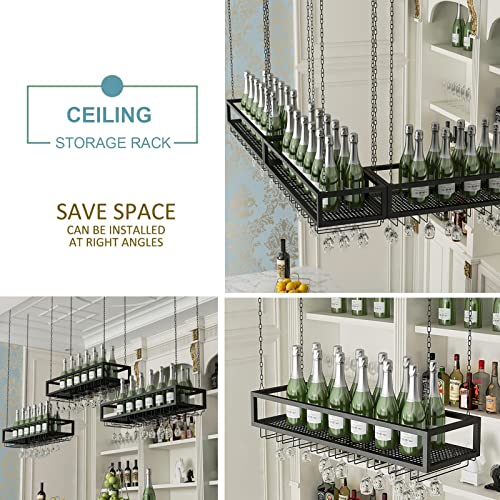 EYLINK Hanging Wine Rack with Glass Holder and Shelf Metal Ceiling Wine Bottle Holder Adjustable Height Ceiling Bar Wine Glass Rack Champagne Gob