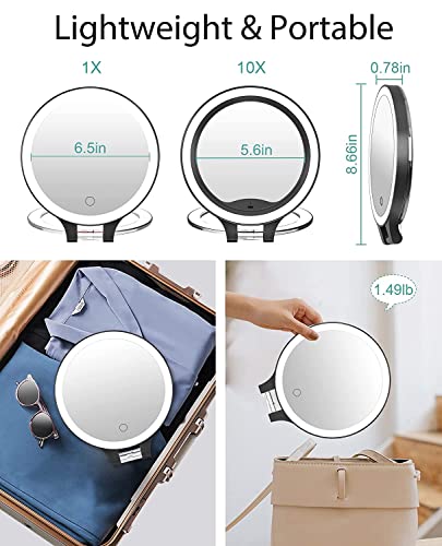 Kostlich MYIAMO Makeup Mirror with Lights, Double Sided Lighted Magnifying Mirror 10X/ 1X with 3 Color Lighting Modes, Tabletop Mirror with Adjus