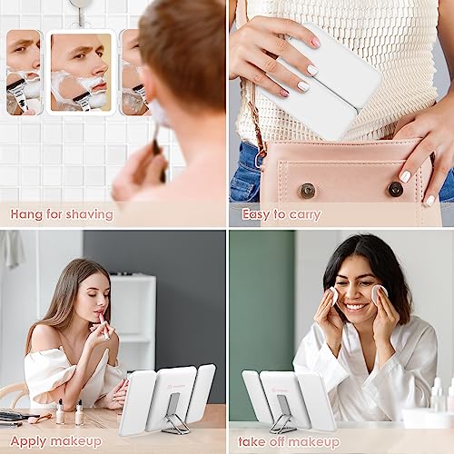 Kostlich Travel Trifold Vanity Makeup Mirror with 3 Color Lights, Rechargeable 1X/3X/7X Magnifying Mirror, Portable Light Up Mirror