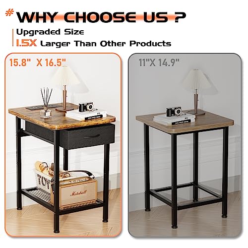 GYIIYUO Nightstand with Charging Station and Fabric Drawer, Side Table with Storage for Bedroom, Bedside Tables with Steel Frame - Rustic Brown