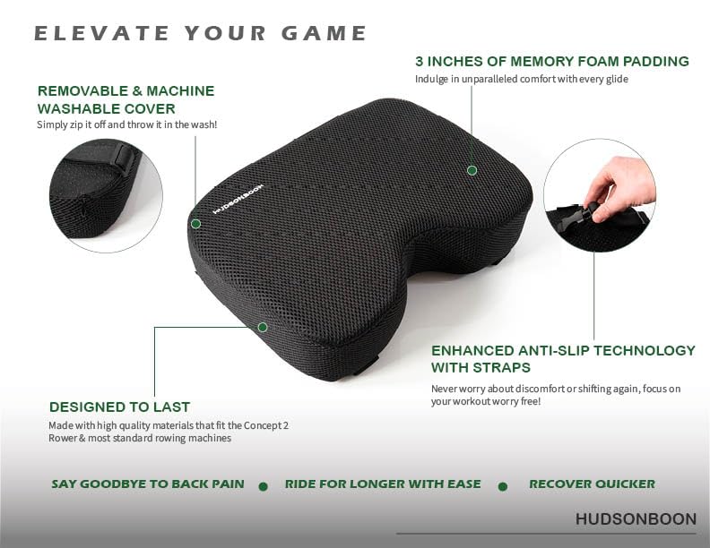 Hudsonboon Rowing Machine Seat Cushion - Black with White Embroidery Memory Padding - Complete with Mesh Cover- Anti-Slip Bottom with Straps