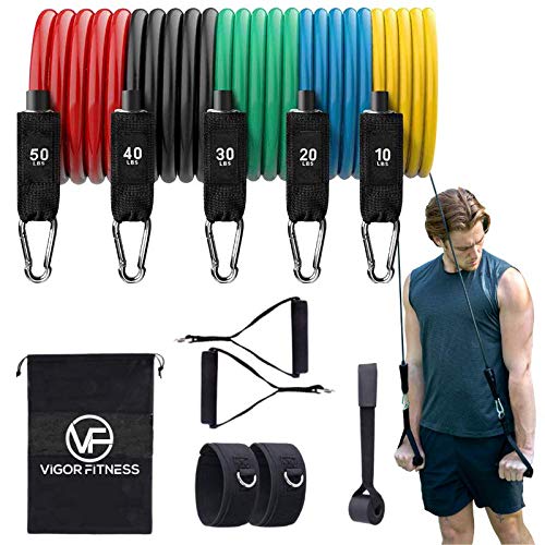 VIGOR Fitness Resistance Bands Set of 11 - 150lbs, Outdoor/Indoor Exercise Workout Equipment for Body Strength, Gym, Yoga & Home Fitness, 2 Angle