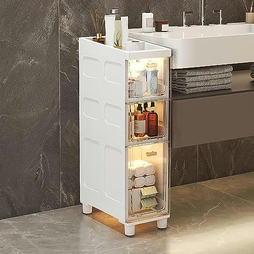 OPSREY Slim Bathroom Cabinet Storage, Large Capacity Slim Toilet Paper Storage Cabinet with Clear Plastic Drawers Casters Narrow Tall Slim Floor