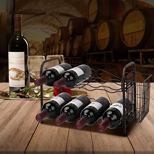 OBloved Metal 2 Tier Countertop Wine Rack with Storage Basket, Wine Cabinet Counter Wine Rack Holder and Storage Wine Rack Stackable-Hold 8 Bottl
