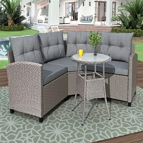 TJLSS 4-piece Resin Wicker Patio With Round Table, Gray Cushion Furniture Set Sofa-type Garden Pool Balcony