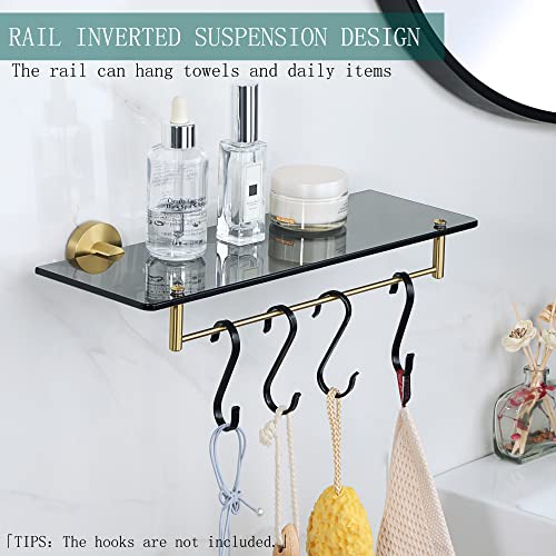 Mooche Tempered Glass Shelf Bathroom Shelf with Rail Wall Mounted 15 Inch, SUS304 Stainless Steel Golden Bracket and Black Tempered Glass, GDL538