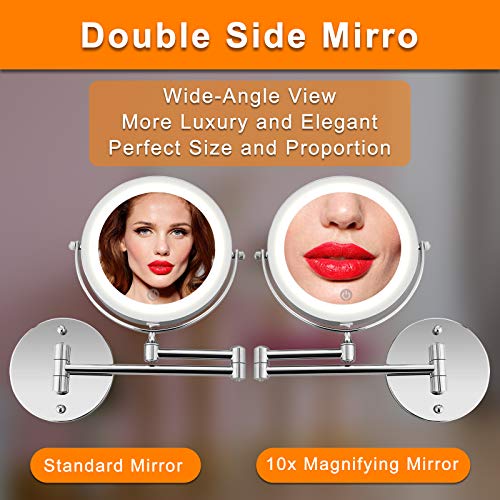 longziming 7'' Makeup Mirror Wall Mounted, Upgraded 10X Magnification Double-Sided Mirror, USB Charging Touch Button Adjustable Light 360° Swivel