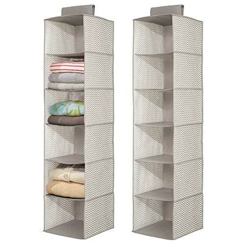 mDesign Set of 2 Hanging Wardrobe Organiser - Fabric Wardrobe Storage Units with 6 shelves each - Ideal Hanging Closet Organiser - Grey