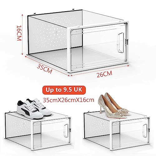 Ruucy 6pcs Shoe Storage Boxes, Clear Stackable Shoe Box with Magnetic Door, Large Plastic Shoe Organizer Containers with Lids for Women/Men (13.8