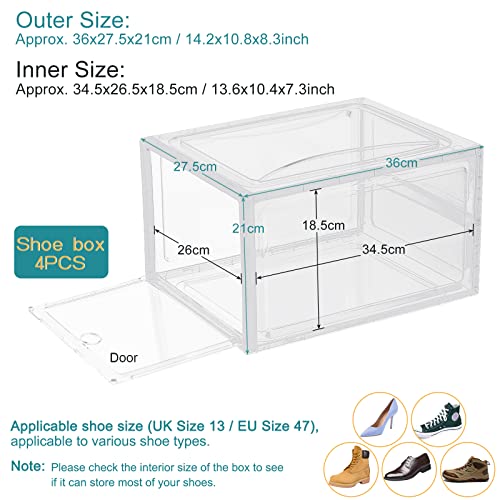 KEESIN 4 Pack Shoe Box Transparent Stackable Plastic Drop Shoe Storage Box with Magnetic Lids Vent Opening Hole,for Women/Men (36x27.5x21CM, Tran