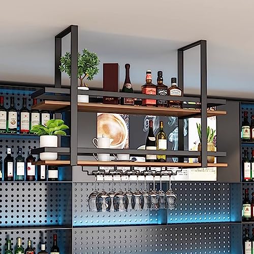 Hanging Wine Rack, Metal Ceiling Bar Wine Glass Rack with Glass Holder and Shelf 3-Layer Industrial Wall Mounted Wine and Glass Rack for Bars Res