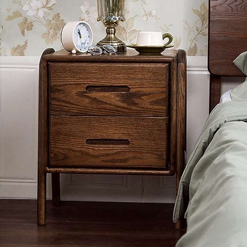 OOKSEN Nightstand, Mid Century Modern Nightstand, Solid Wood Bedside Table with 2 Drawer, Small Night Stand for Bedroom Living Room, Walnut