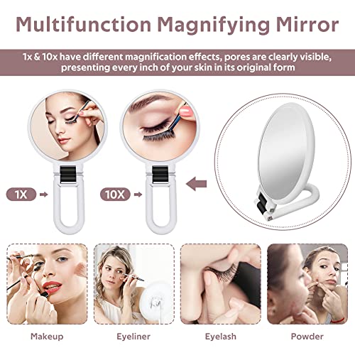 Magnifying Hand Held Mirror, 1x/10x Double Side Magnifying Makeup Mirror Folding Magnification Hand Mirror with Handle for Travel Table Desk Bath