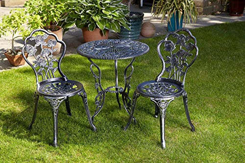 Home Source Rose Garden Patio Outdoor Bistro Set Table and 2 Chairs Metal Garden Furniture, Grey